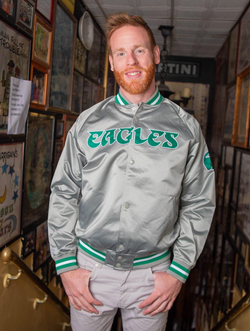 Philadelphia Eagles Lightweight Silver Satin Jacket with kelly green lining