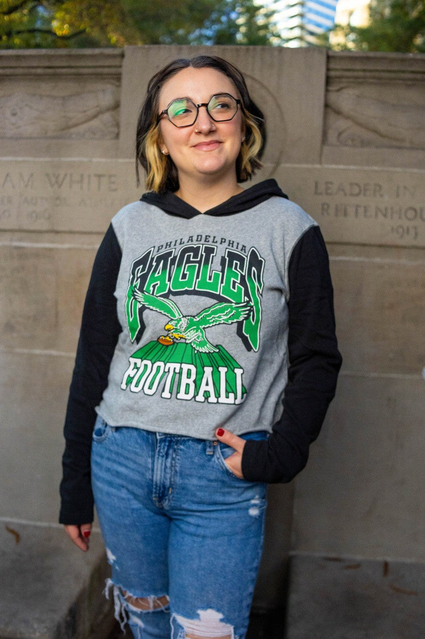 Women's Philadelphia Eagles Block Crop Hoodie | Heather Grey/Black | Size S Women's Philadelphia Eagles Block Crop Hoodie | Heather Grey/Black | Size S