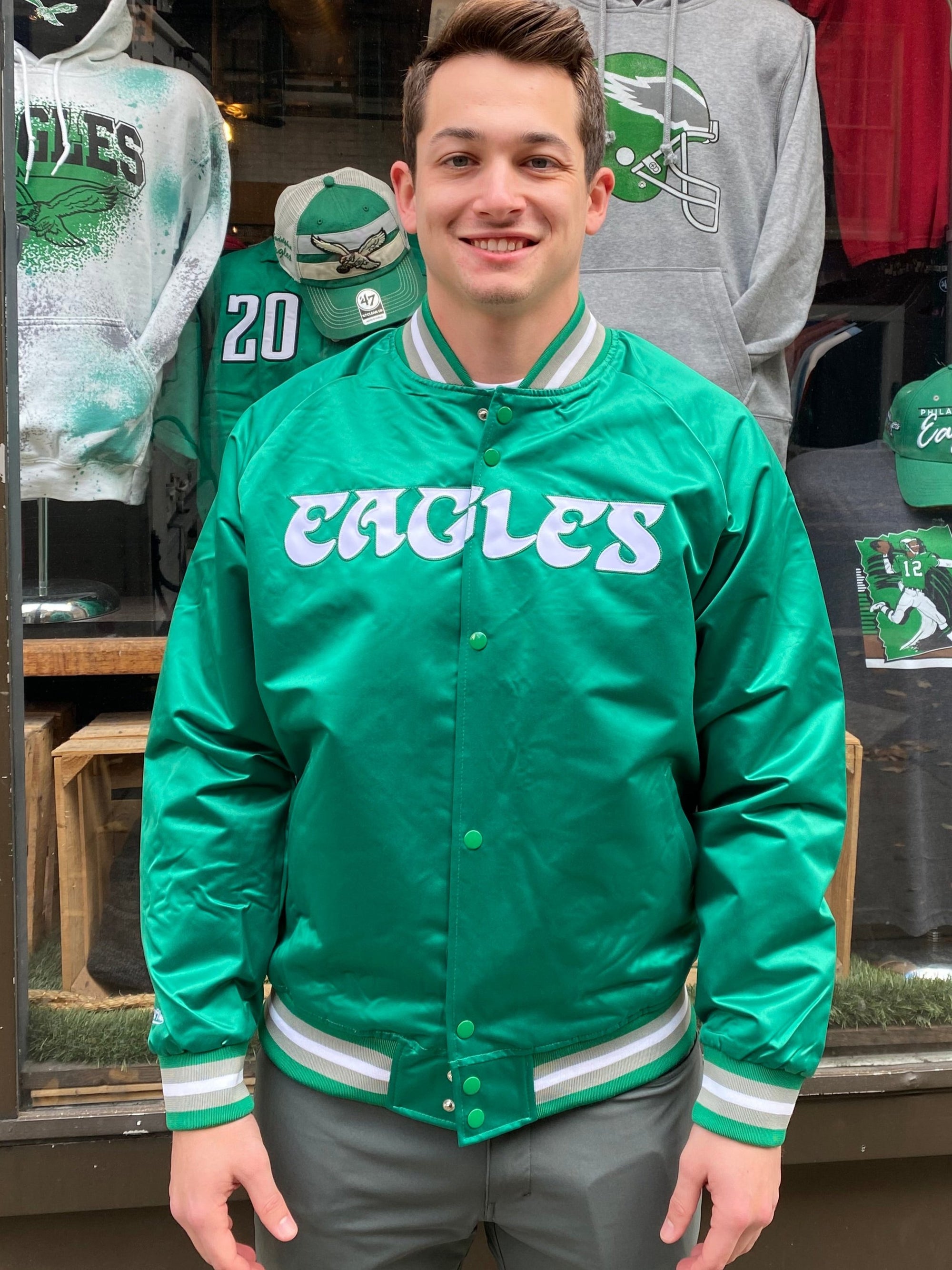 Mitchell and ness eagles throwback jacket hotsell