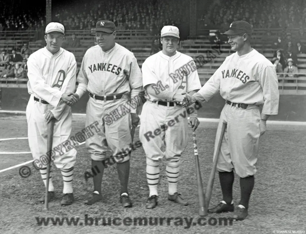 Famous Framed Picture of Lou Gehrig, Jimmy Fox, & Bade Ruth- picture is  11”x14”