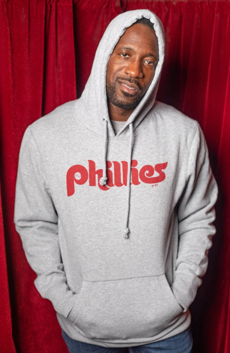 Philadelphia Phillies Throwback Grey Wordmark hooded sweatshirt - Shibe  Vintage Sports